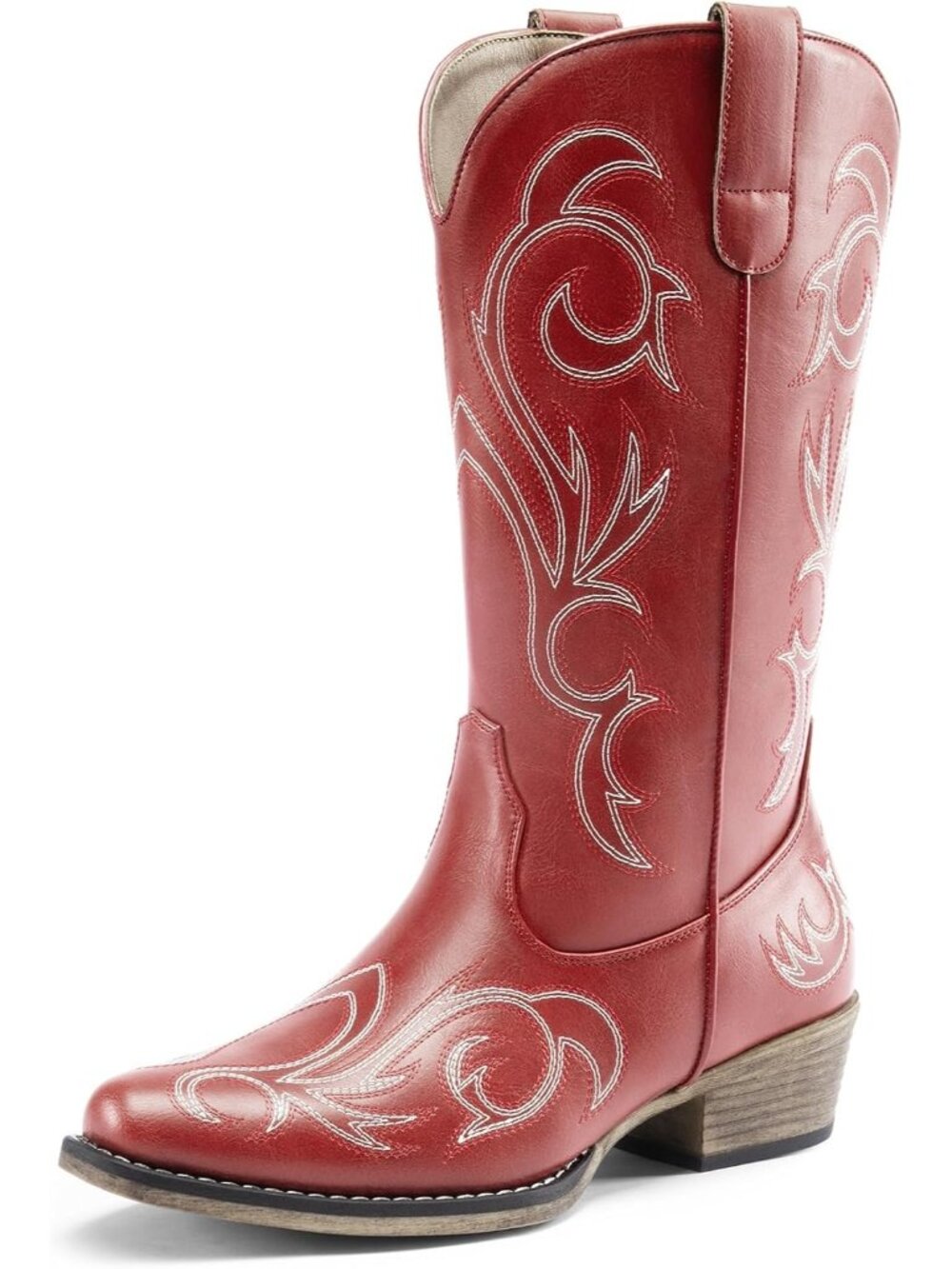 DREAM PAIRS Womens Red Square Toe Stitched Western Cowgirl Mid Calf Boot Shoes